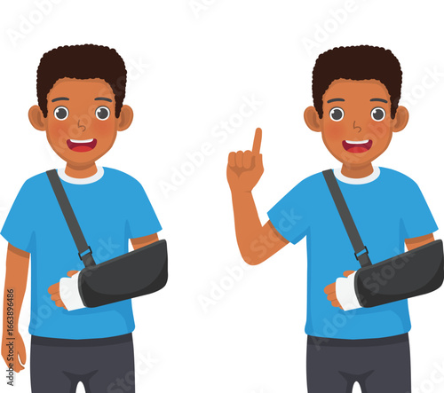 African man with broken arm wearing arm sling pointing finger up