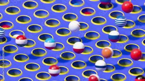 A vibrant, abstract 3D loop. Blue surface with yellow-bordered cells. Spheres displaying flags of European countries burst out and recede, representing a dynamic flow of unity.