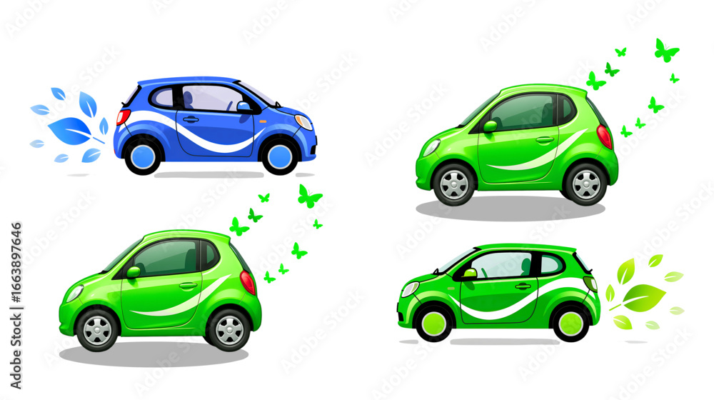 Naklejka premium Green Electric Cars – Eco-Friendly Vehicle, Clean Energy Innovation, and Zero Emissions Concept for Sustainable Transportation