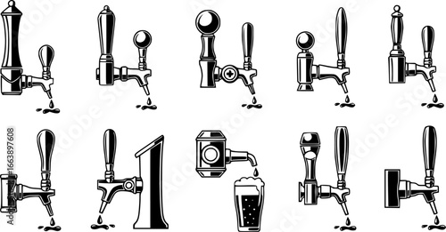 Beer taps icons set. Beer tap handles, dispensing refreshment, one pint at a time, a collection of various beer tap handles