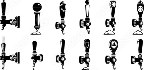 Beer taps icons set. Beer tap handles, dispensing refreshment, one pint at a time, a collection of various beer tap handles