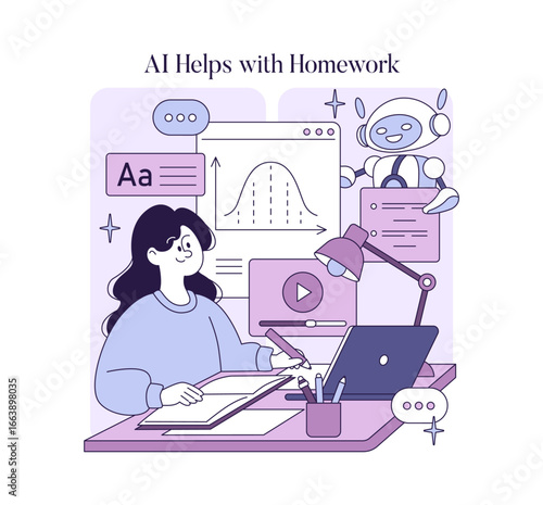 AI Assists Student with Homework Vector Illustration