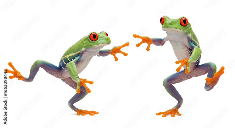 Obraz premium Two red-eyed frogs striking funny poses, standing as if dancing against a white background.