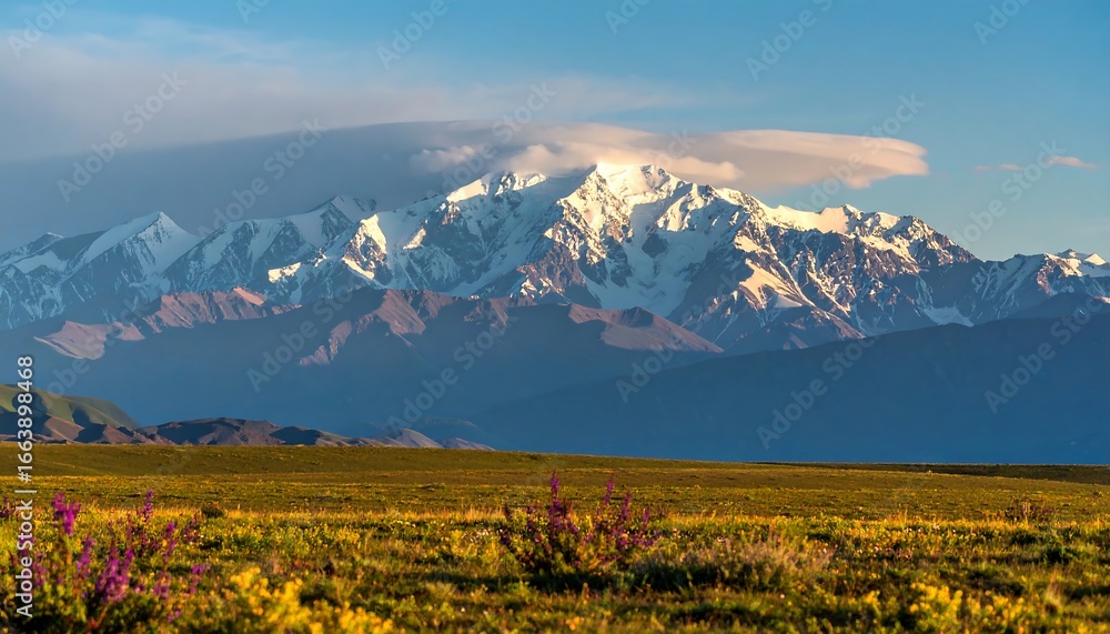 Fototapeta premium Majestic snow-capped mountain range rises above a vast, colorful, and vibrant meadow.
