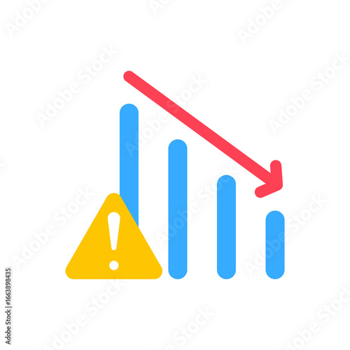 Market failure icon with dropping blue bars, warning sign, and downward arrow for economic crisis visuals suitable for finance concepts.