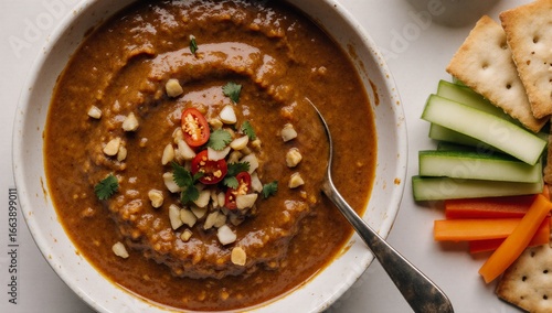Asian-style vegetarian dip top view of bumbu kacang peanut sauce in a bowl with ground peanuts chili garlic soy and tamarind spices