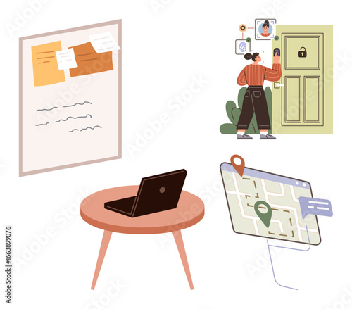 Woman managing smart home features, laptop on table, map with location pin, secure door lock, task board. Ideal for technology, planning, remote work, security lifestyle smart living innovation