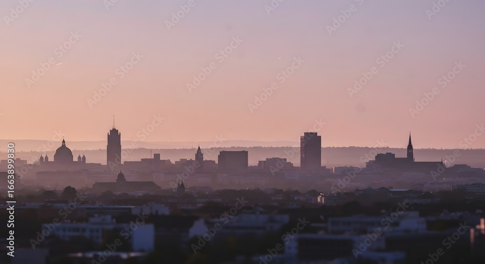 Naklejka premium Hazy Cityscape Silhouette at Sunset with Pastel Plum and Wheat Sky