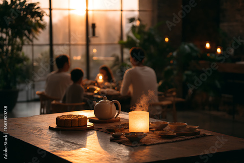 mid-autumn celebration, loved ones gathering at a table, savoring mooncakes and tea