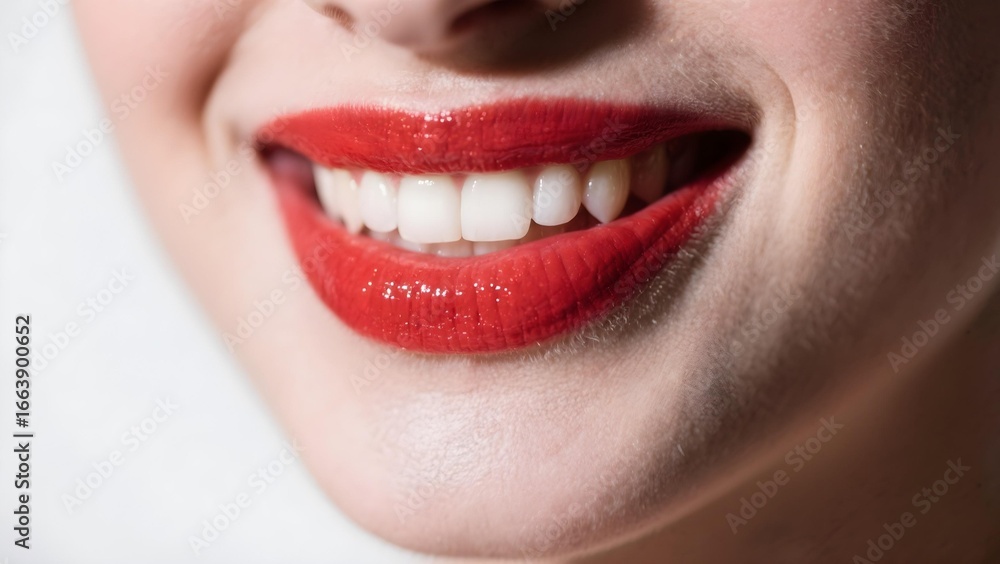 Obraz premium Close-up of red lips smiling wide, white-skinned model