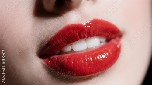 Close-up of red lips smiling softly, white-skinned model