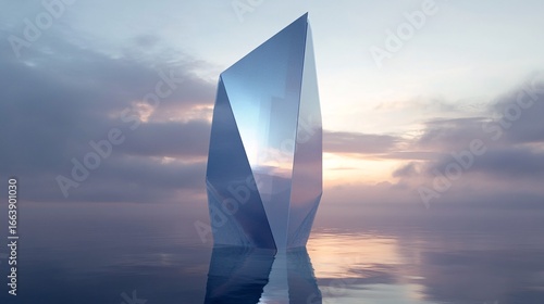 Tall futuristic building with reflective surface against a blurred sky and water.