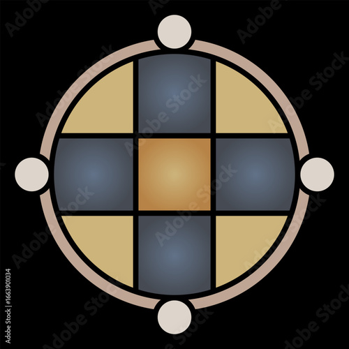 Round cross shape mandala. Abstract medieval design. On black background.