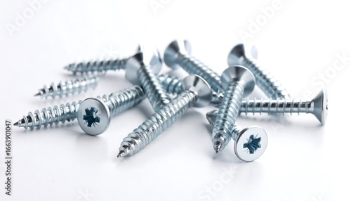 Pile of Shiny Metal Wood Screws with Star-Shaped Drive on White Background.