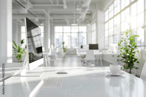 明るく清潔感のある現代的なオフィス空間（デスクと観葉植物のある風景）