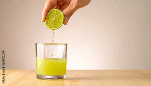 Close up of a hand squeezing a fresh green lime, with juice dripping into a glass on a wooden table against a bright background