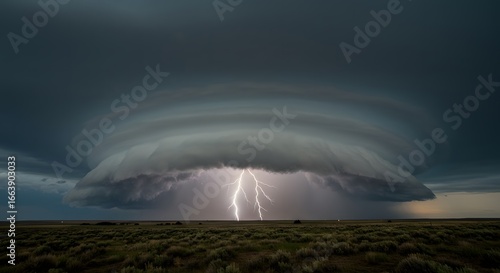 A powerful supercell thunderstorm with a dramatic shelf cloud formation rolls across a flat, open landscape, illuminated by striking lightning bolts during a storm