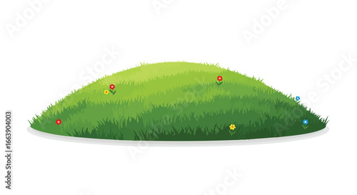 Lush verdant grass knoll, a gentle rise adorned with wildflowers, a whimsical illustration of nature's tranquility and simplicity evoking childlike