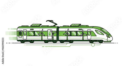 Sustainable transport concept with modern high-speed green train illustration showcasing renewable energy sources for eco-friendly travel