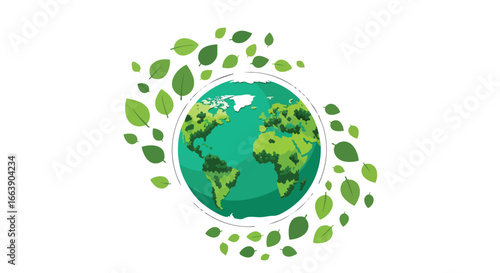 Ecological Harmony: A Vibrant Globe Encircled by Flourishing Green Leaves, Symbolizing Nature's Resilience and Global Stewardship toward Conservation
