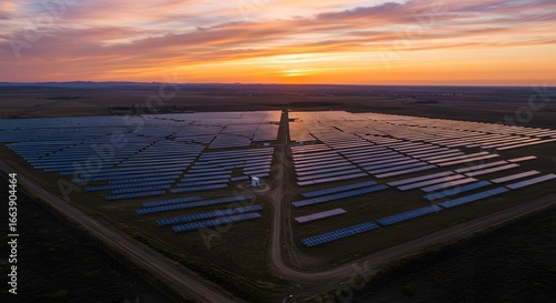 Expansive solar power plant stretching to the horizon at sunrise, embodying the global shift towards renewable energy sources and a sustainable future
