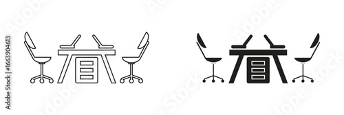 Vector icon of a computer desk with a monitor and a document tray, representing a neat and productive workspace.