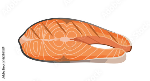 Illustration showcasing a vibrant salmon steak with characteristic grill marks, a culinary delight isolated against a clean white background that is