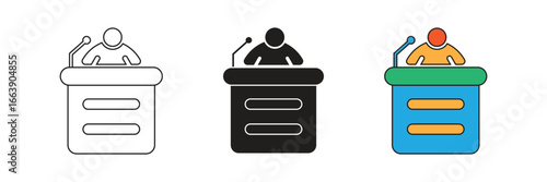 Formal speaker icon with a suit and tie at a detailed podium, perfect for professional conferences, meetings, or keynote talks.