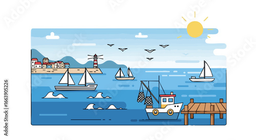 Seaside serenity: A picturesque maritime scene with sailboats, a lighthouse, and gentle sea birds in flight on a sunny day