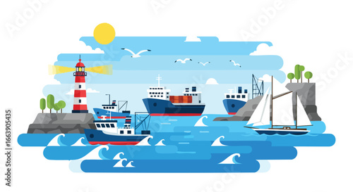 Stylized Maritime Scene with Lighthouse, Ships, and Coastal Elements Illustration