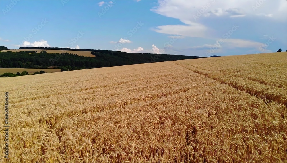 Fototapeta premium Expansive golden wheat field stretches across a landscape under a vibrant blue sky.