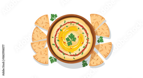 Hummus Delight: A Vibrant Vector Illustration of a Classic Middle Eastern Dip with Pita Bread Wedges