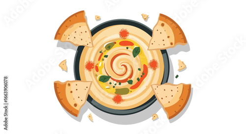 Colorful Hummus Dip with Pita Bread, an Appetizing Vegetarian Mediterranean Food Illustration
