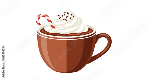 Festive hot chocolate in a brown cup, adorned with whipped cream, candy cane, and chocolate sprinkles against a bright background