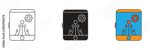 Smartphone with internal gears and a robot icon. Represents mobile app development, automation, or smart technology. Ideal for AI and robotics.