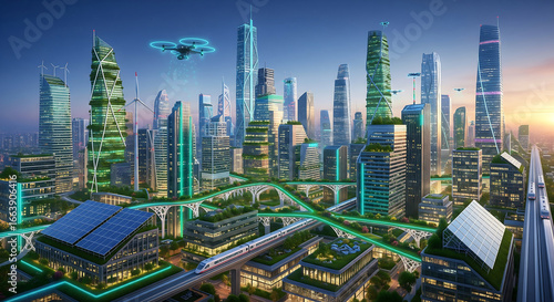 Dynamic futuristic city with sustainable architecture, solar panels, and drone transport, showcasing innovation and green energy in a modern urban landscape