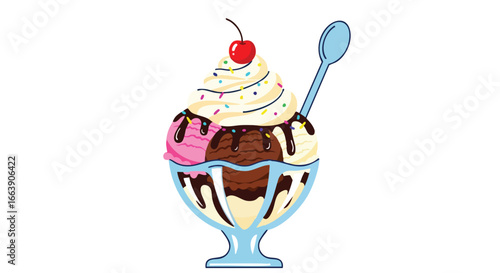 Illustration of a Delicious Ice Cream Sundae with Cherry Topping and Colorful Sprinkles in a Glass Bowl