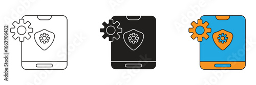 Tablet with two rotating gears. Symbolizes settings, configuration, and powerful internal processing. Great for software or system-related concepts.