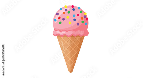 Delightful vector illustration of a pink ice cream cone adorned with colorful sprinkles standing against a bright white backdrop with summer vibes