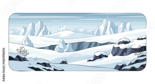 Serene vista of a frozen landscape with towering ice formations casting long shadows and tranquil atmosphere across the expansive horizon