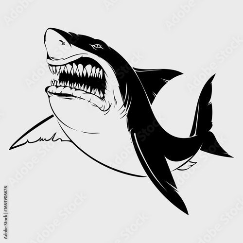 Black and white shark showing its sharp teeth against a white background