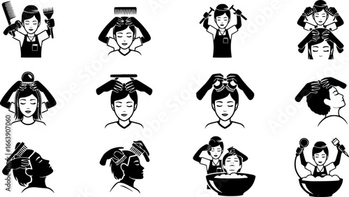Head massage icons set. Hairdressers massaging clients' scalps, using brushes, combs, and other tools, promoting relaxation and hair health