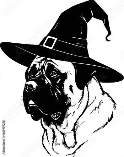 English Mastiff Dog in Witch Hat for Halloween vector silhouette illustration isolated on white background 