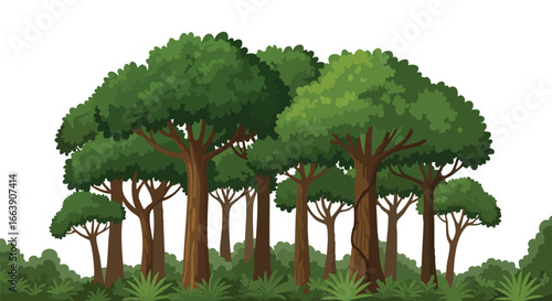 Lush green cartoon forest illustration with a vibrant canopy creating a dense and inviting natural environment for imagination and design