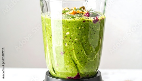 Vibrant green smoothie, rich in nutrients, blended in a clear glass appliance, highlights healthy eating.
