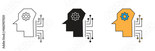 A human head with a gear and circuit board. Represents artificial intelligence, machine learning, and technological thinking. Great for advanced tech.