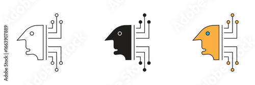A split head icon with circuit connections. Represents a data brain, connectivity, or the link between human and technology.