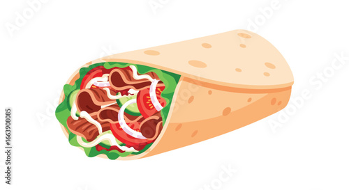 Illustrative depiction of a meat wrap filled with diverse veggies displayed on a white backdrop