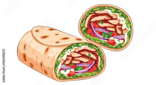 Delicious Chicken Shawarma Wraps Illustration with Fresh Vegetables and Creamy Sauce on White Backdrop