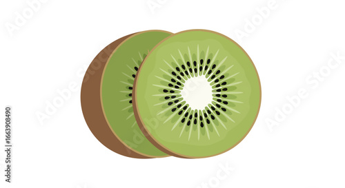 Fresh kiwi fruit slices, vibrant green with a distinctive black seed pattern isolated on a white background creating visual depth showing healthy